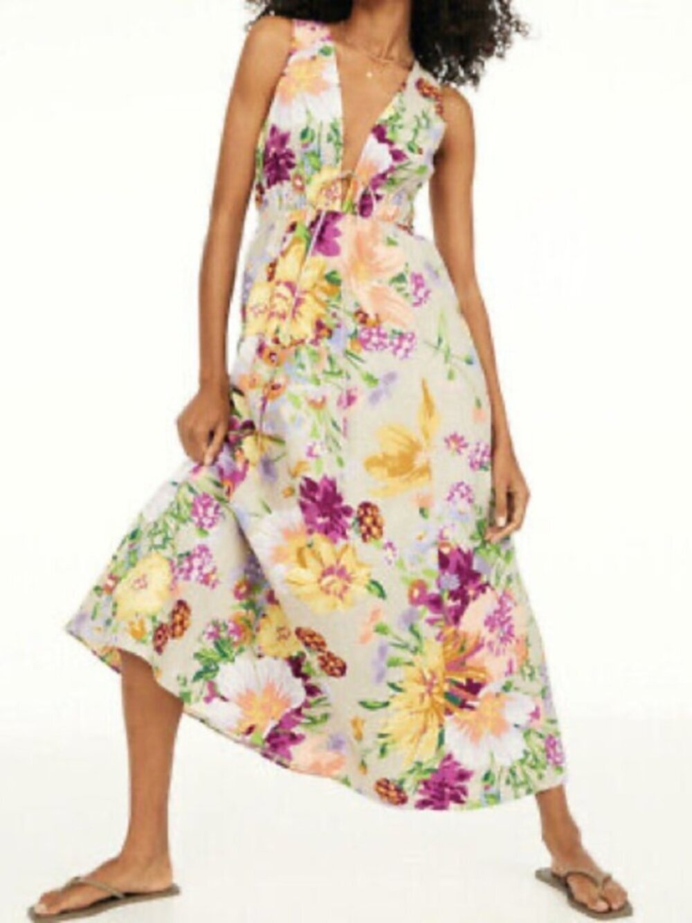 H&M Linen Blend Floral Tie V-Neck Plunge Maxi Dress Size Medium